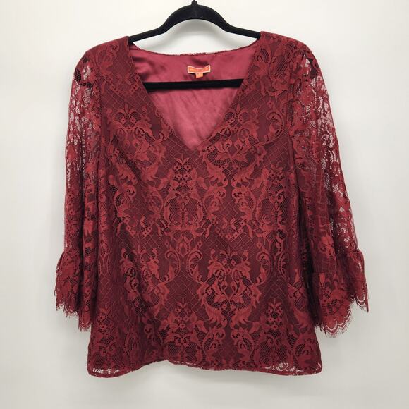 Modcloth Burgundy Lace Bell Sleeve V-Neck Blouse Women's Top S - Picture 2 of 8